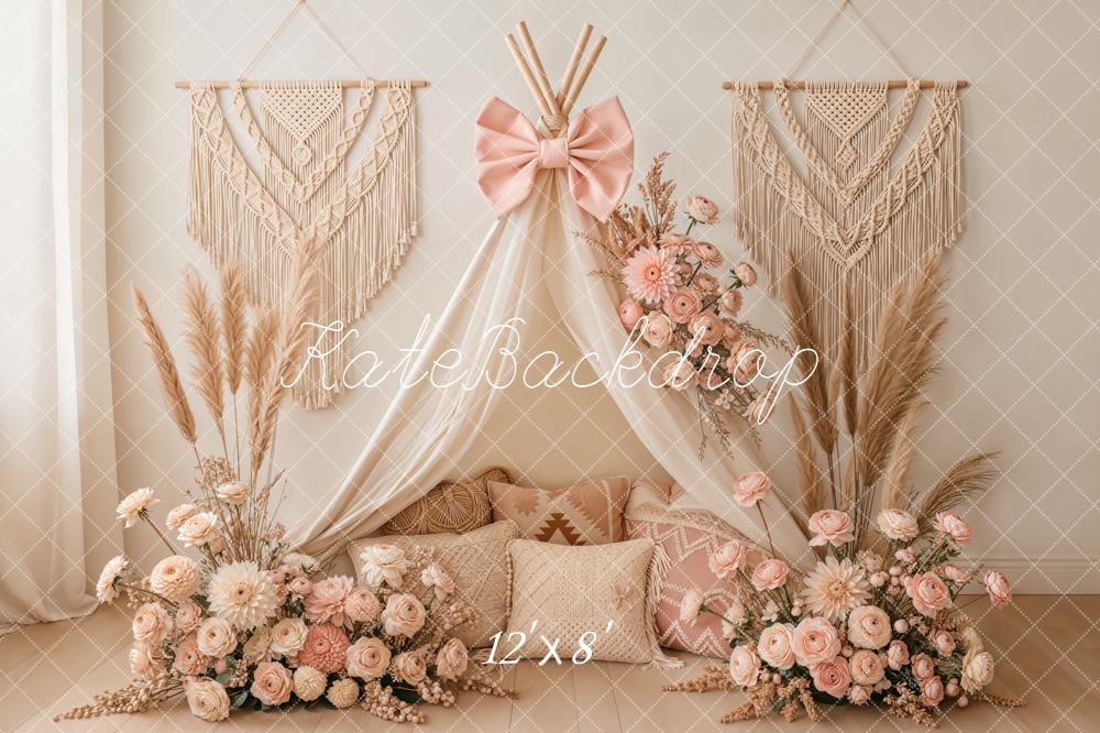 Kate Boho Pink Floral Macrame Fleece Backdrop Designed by Emetselch - Image 4