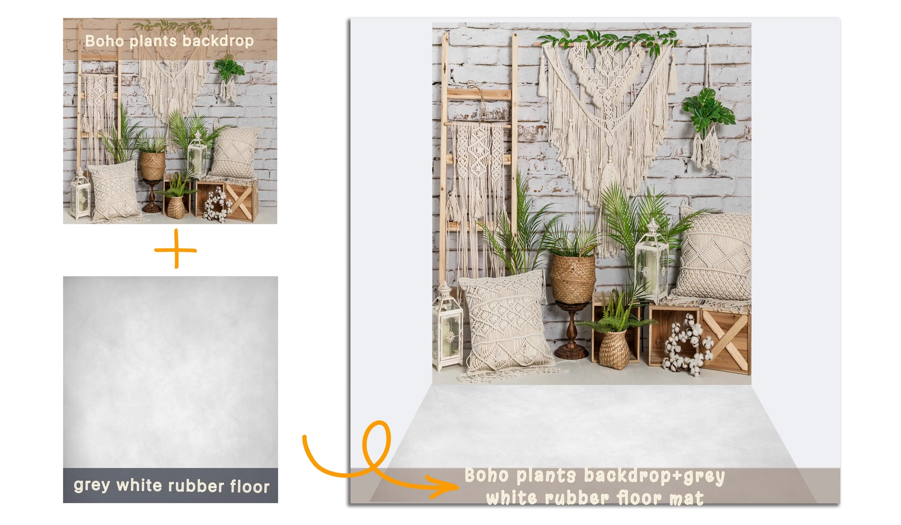 Kate 8x8ft Boho Plants Backdrop + 5x8ft Grey White Rubber Floor Mat for Photography - Image 2