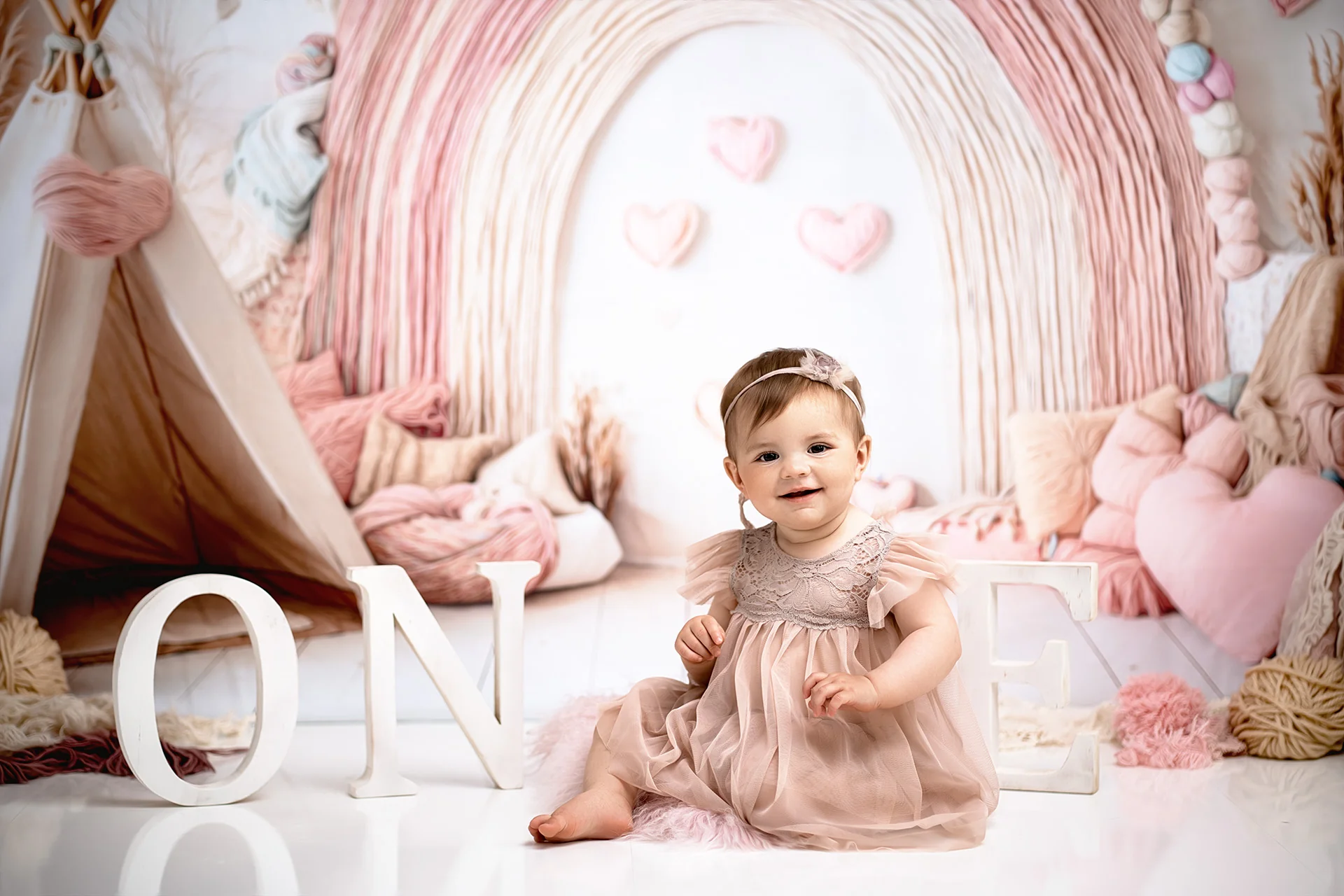 Kate Boho Rainbow Tent Hearts Pink Backdrop Designed by Emetselch - Image 2