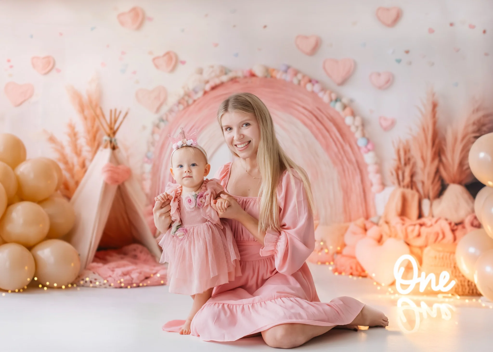 Kate Boho Rainbow Tent Hearts Pink Backdrop Designed by Emetselch - Image 3