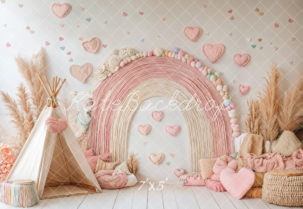 Kate Boho Rainbow Tent Hearts Pink Backdrop Designed by Emetselch - Image 4