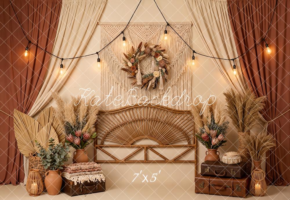 Kate Boho Rattan Pampas Grass Warm Beige Backdrop Designed by Emetselch