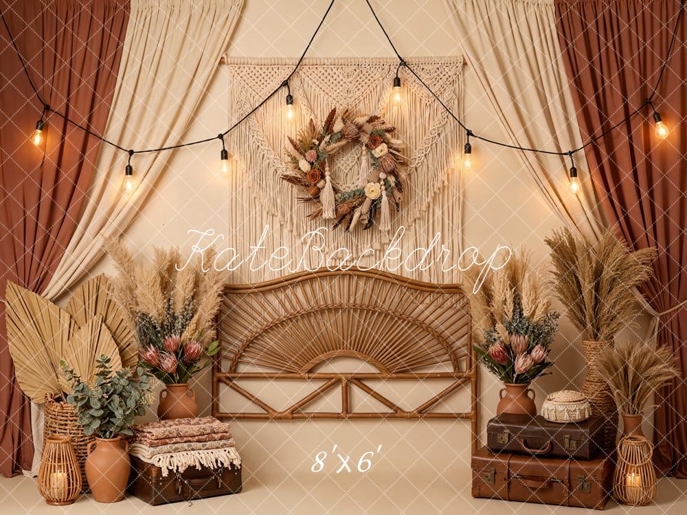 Kate Boho Rattan Pampas Grass Warm Beige Backdrop Designed by Emetselch - Image 3