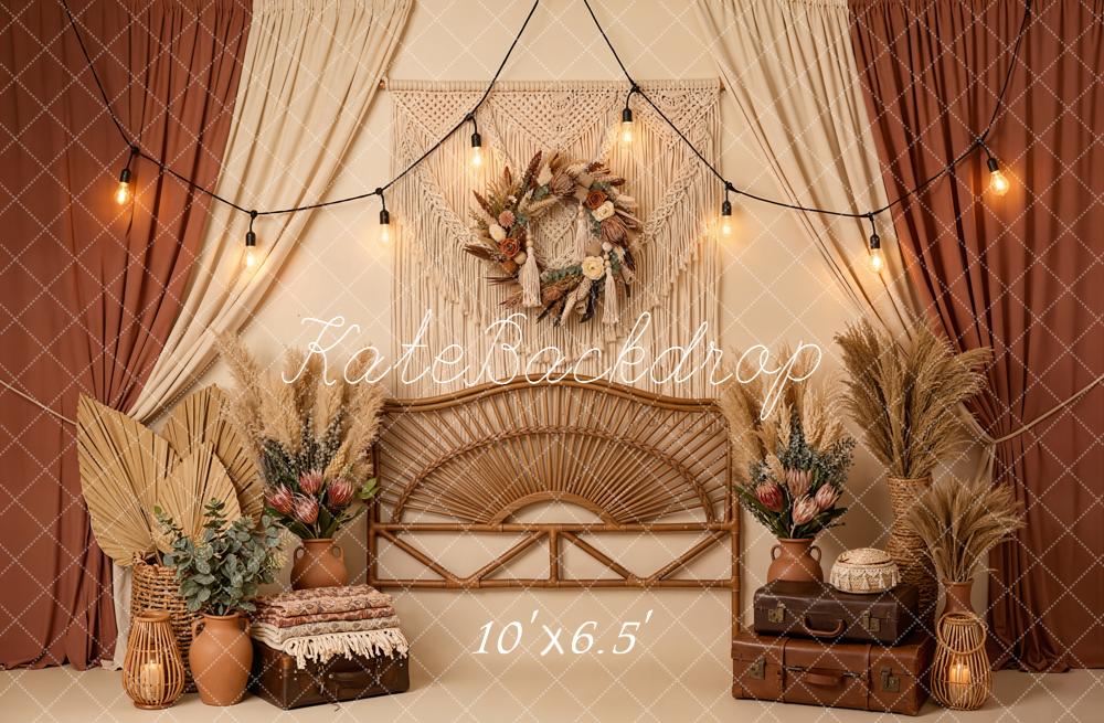 Kate Boho Rattan Pampas Grass Warm Beige Backdrop Designed by Emetselch - Image 4