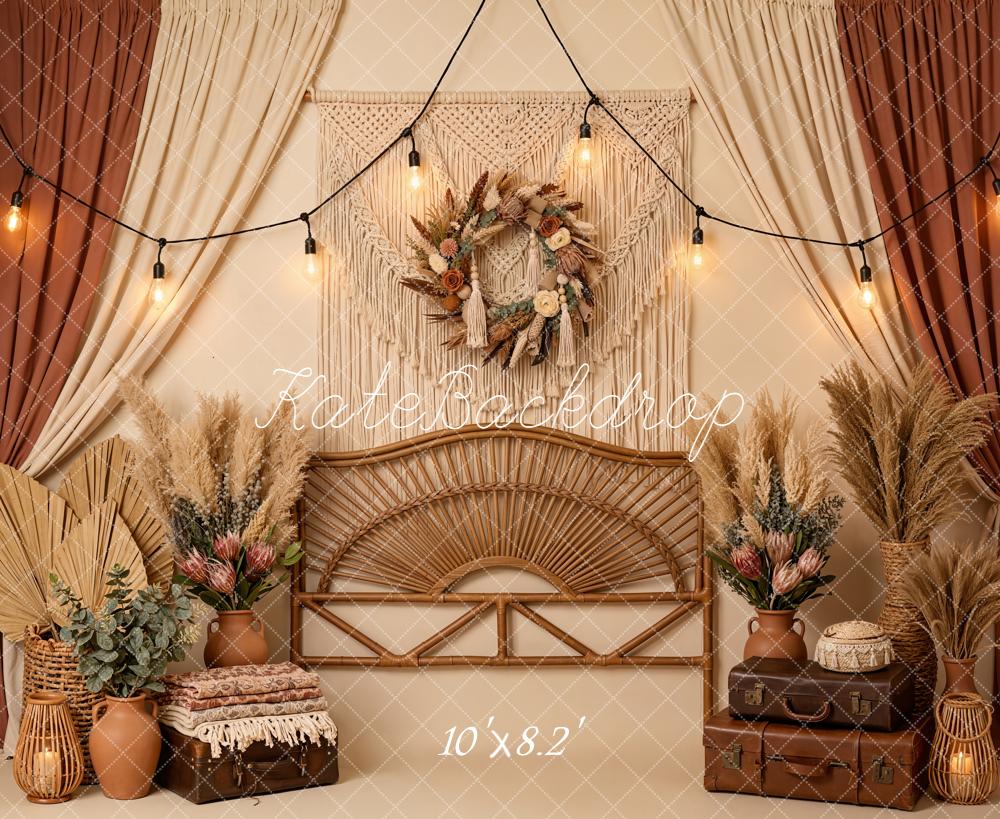 Kate Boho Rattan Pampas Grass Warm Beige Backdrop Designed by Emetselch - Image 6