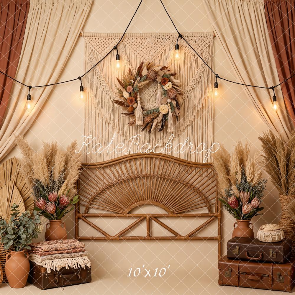 Kate Boho Rattan Pampas Grass Warm Beige Backdrop Designed by Emetselch - Image 7