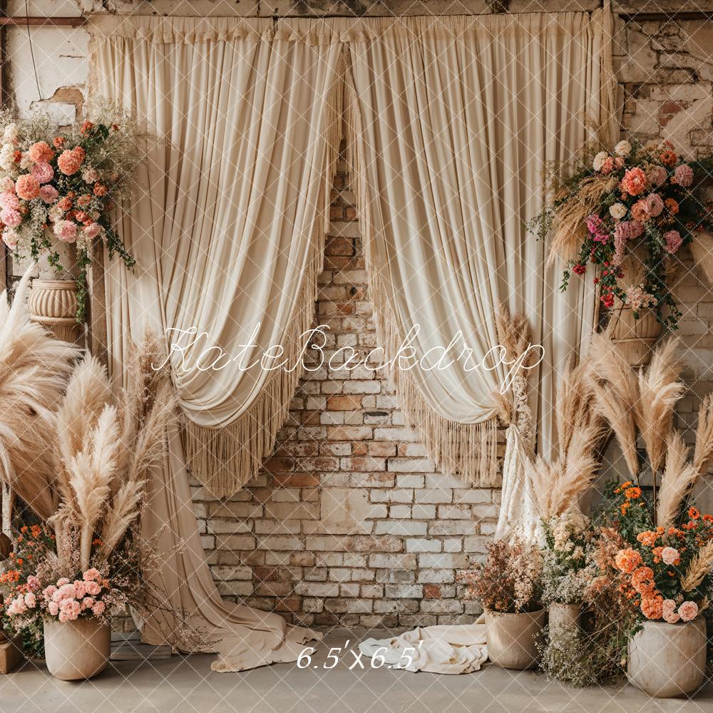 Kate Boho Reed Flower Beige Curtain Brick Wall Backdrop Designed by Emetselch - Image 4