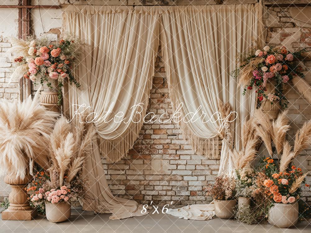 Kate Boho Reed Flower Beige Curtain Brick Wall Backdrop Designed by Emetselch - Image 5