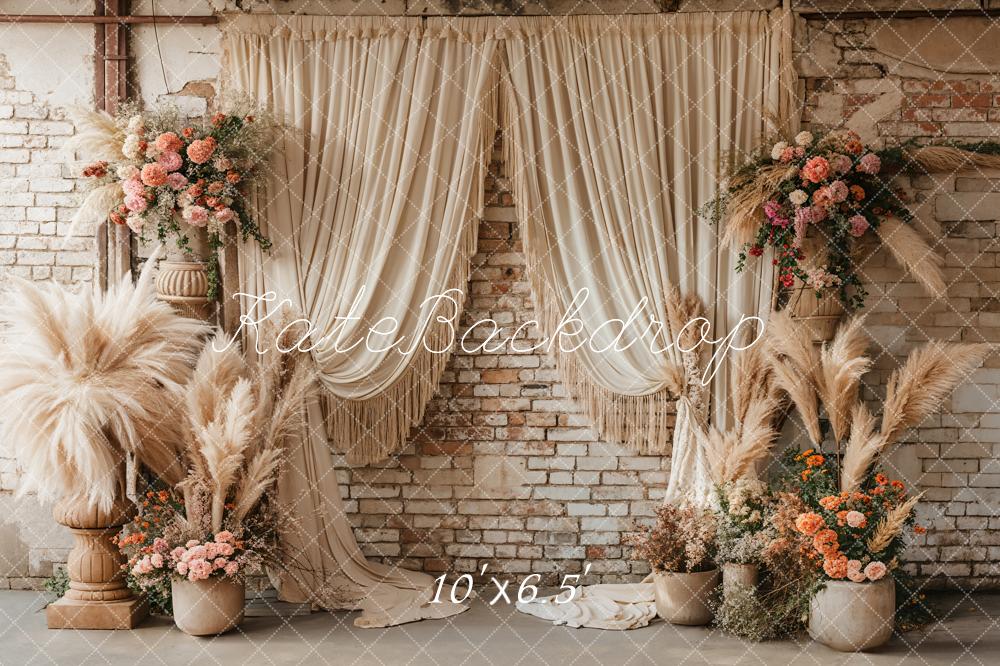 Kate Boho Reed Flower Beige Curtain Brick Wall Backdrop Designed by Emetselch - Image 6