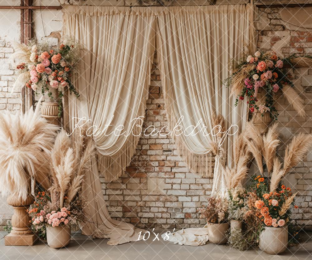 Kate Boho Reed Flower Beige Curtain Brick Wall Backdrop Designed by Emetselch - Image 7
