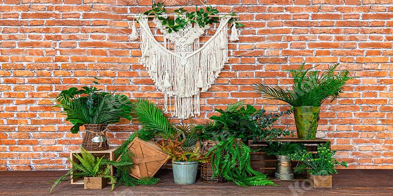 Kate Boho Retro Brick Wall and Plants Backdrop Designed by Emetselch - Image 4