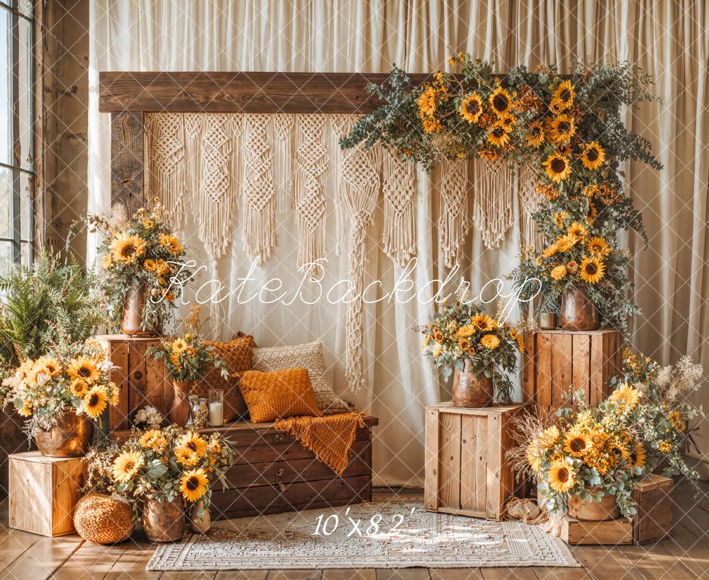 Kate Boho Sunflower Macrame Wooden Crates Backdrop Designed by Emetselch - Image 6