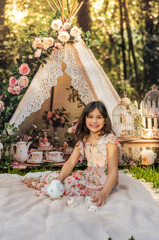 Kate Boho Teapot Party Floral Forest Spring Backdrop Designed by Ashley Paul - Image 4