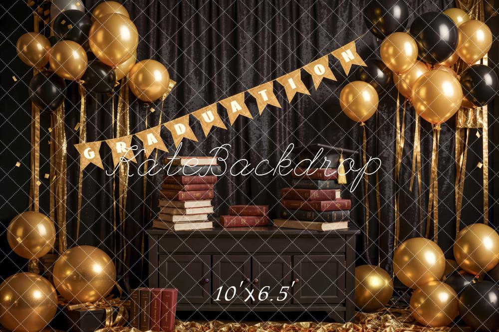 Kate Book Black Curtain Golden Balloon Graduation Backdrop Designed by Emetselch - Image 4