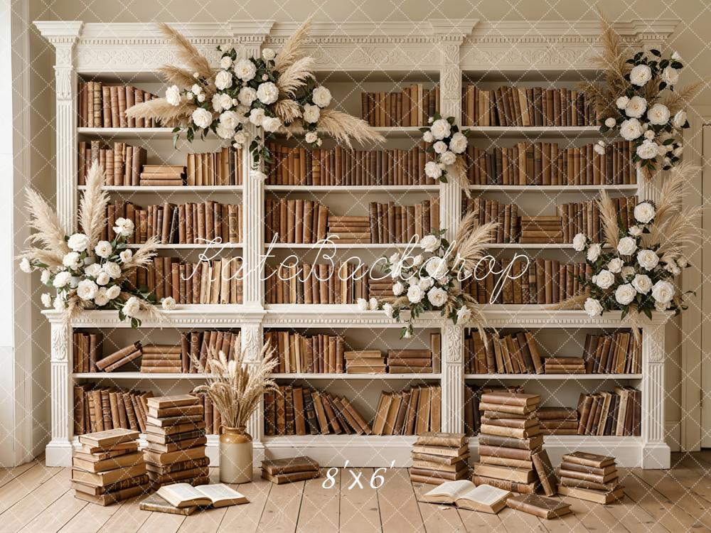 Kate Bookshelf Pampas Grass White Roses Vintage Backdrop Designed by Emetselch - Image 3