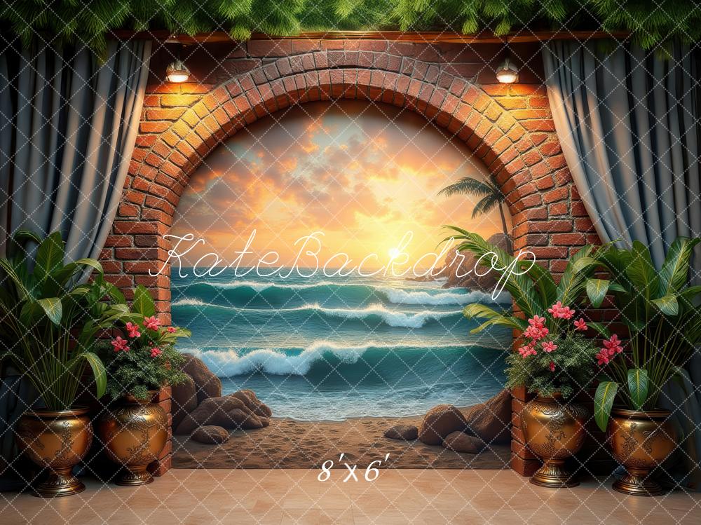 Kate Brick Arch Ocean View Tropical Plants Backdrop Designed by Laura Bybee - Image 3
