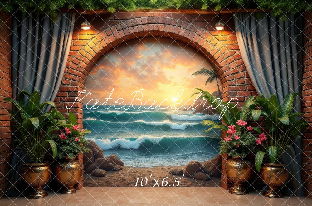 Kate Brick Arch Ocean View Tropical Plants Backdrop Designed by Laura Bybee - Image 4