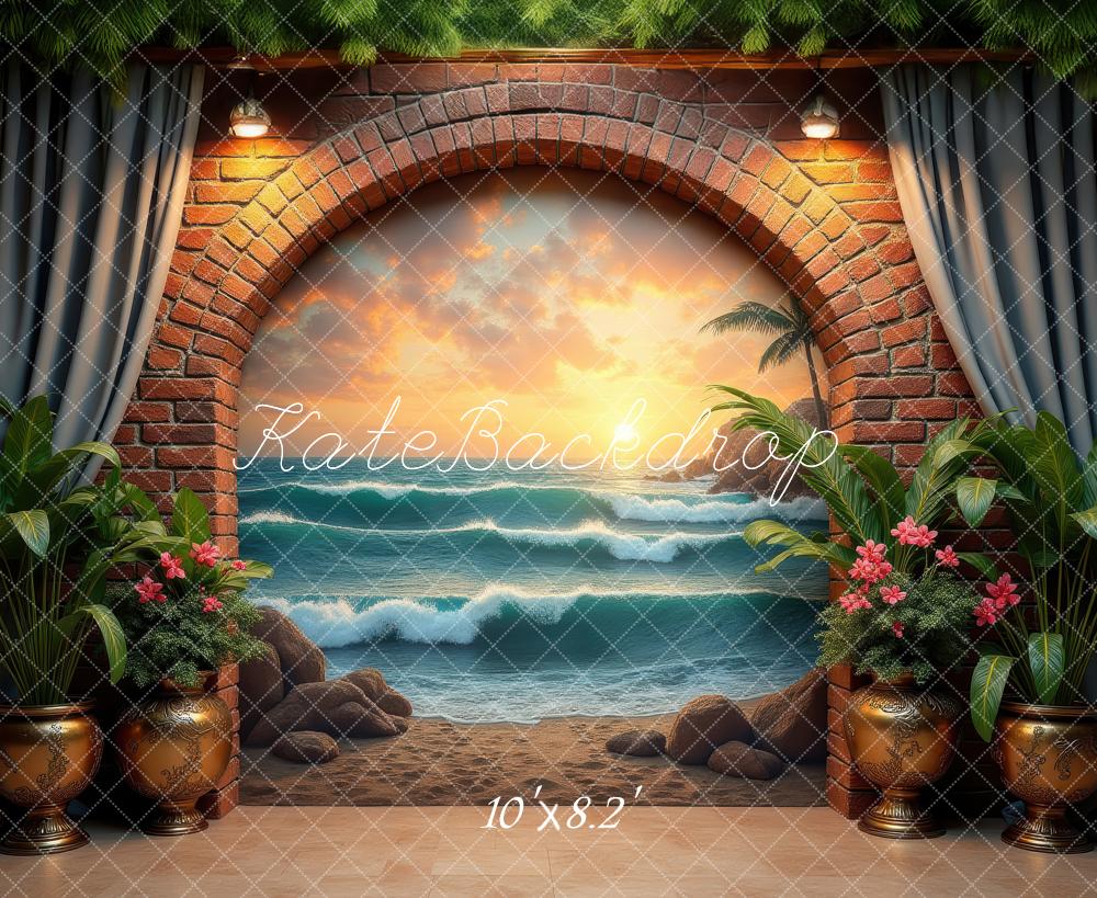 Kate Brick Arch Ocean View Tropical Plants Backdrop Designed by Laura Bybee - Image 6