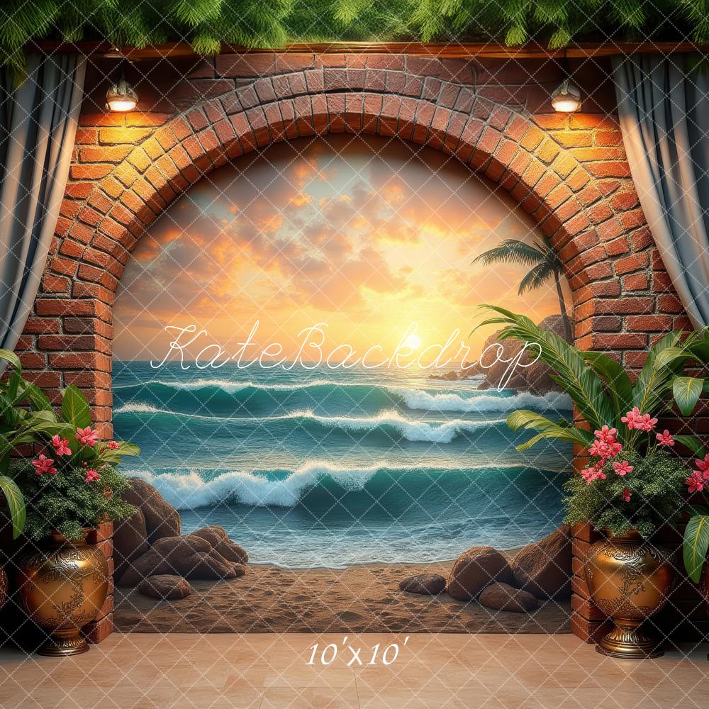 Kate Brick Arch Ocean View Tropical Plants Backdrop Designed by Laura Bybee - Image 7