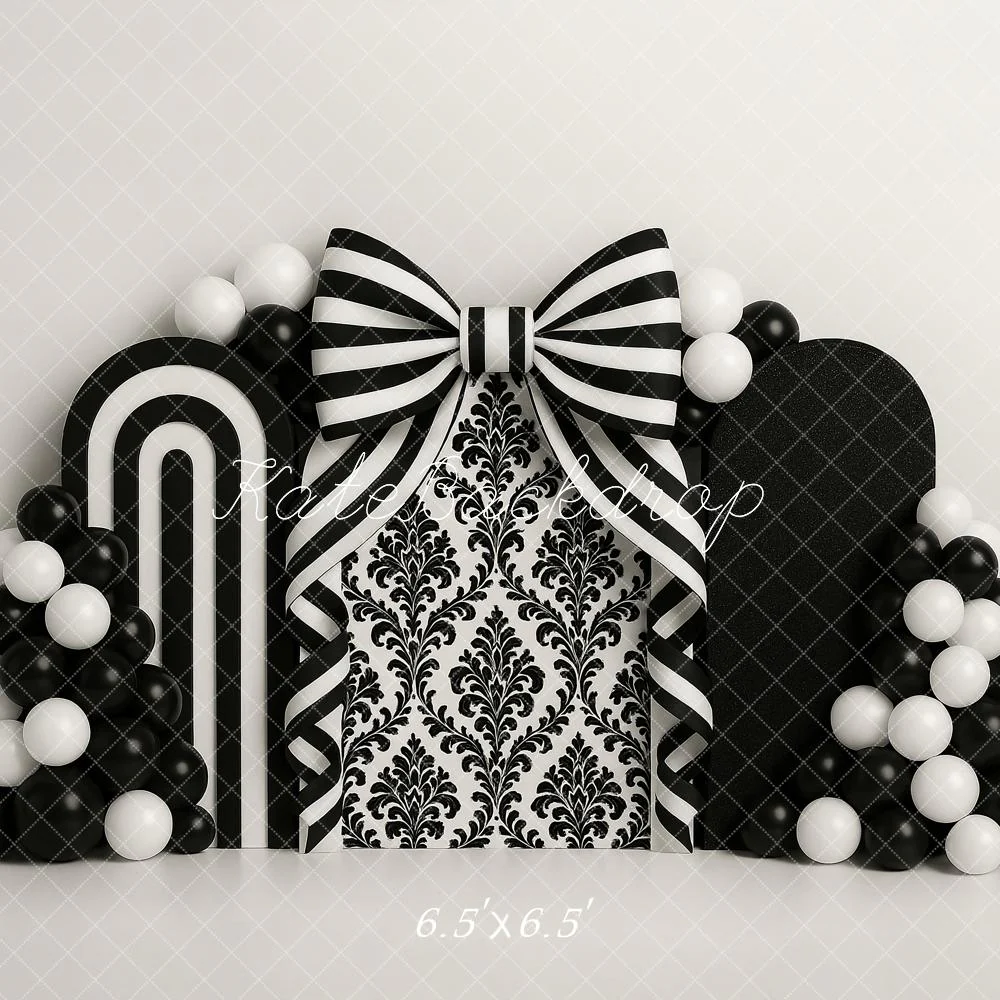 Kate Cake Smash Black White Bow Balloons Backdrop Designed by Ashley Paul - Image 2