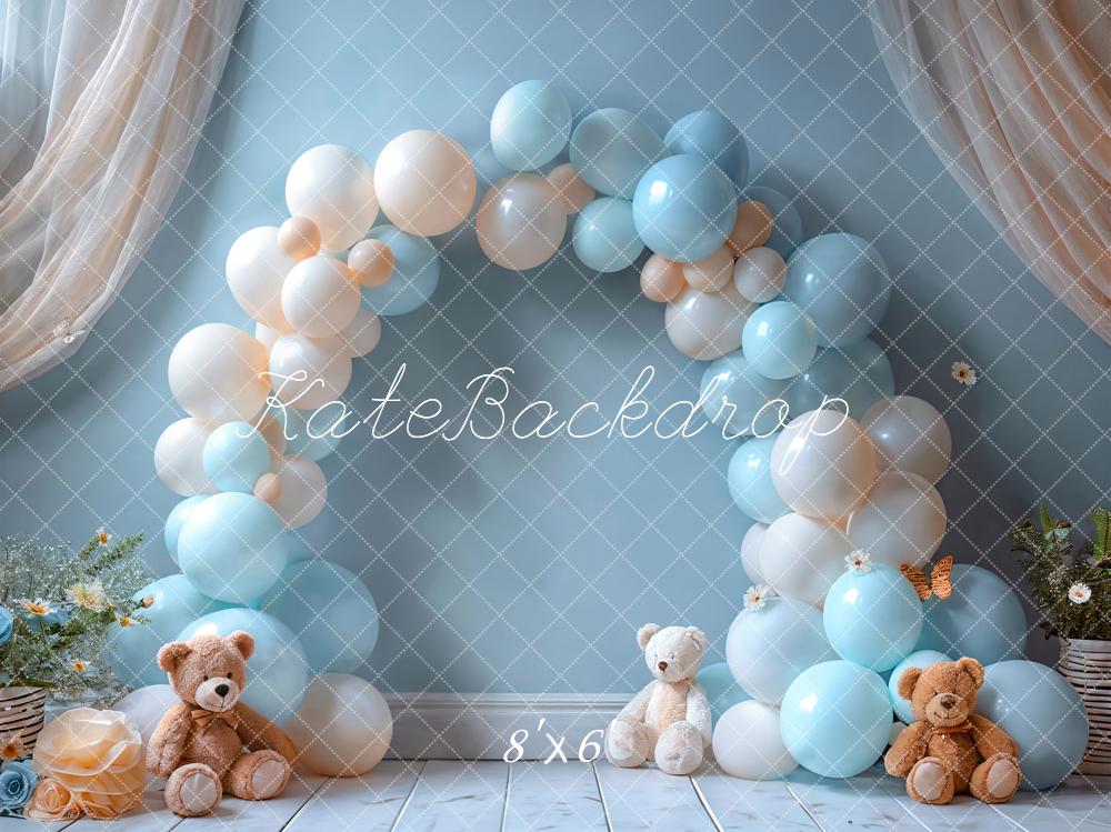 Kate Cake Smash Blue Balloon Arch Teddy Bear Backdrop Designed by Emetselch - Image 3