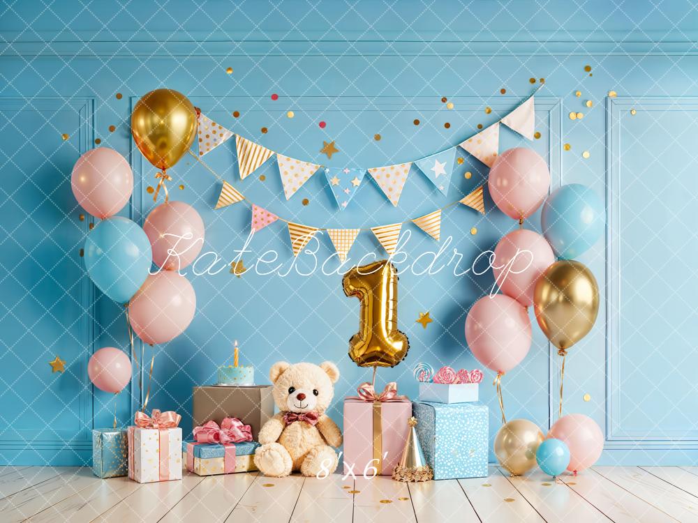 Kate 1st Birthday Blue Balloons Gift Backdrop Designed by Chain Photography - Image 3
