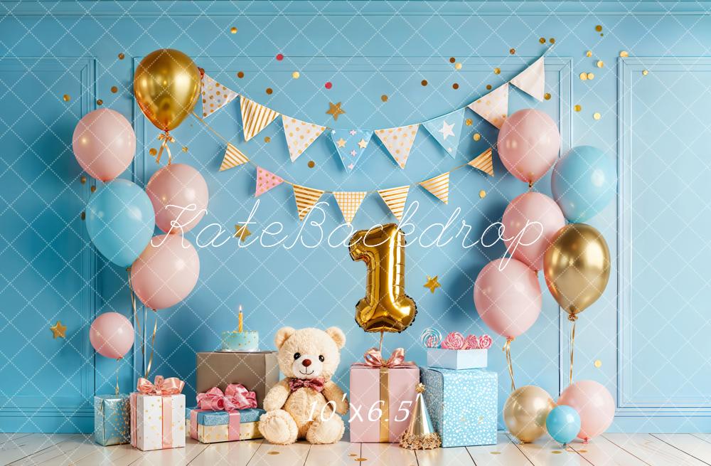 Kate 1st Birthday Blue Balloons Gift Backdrop Designed by Chain Photography - Image 4