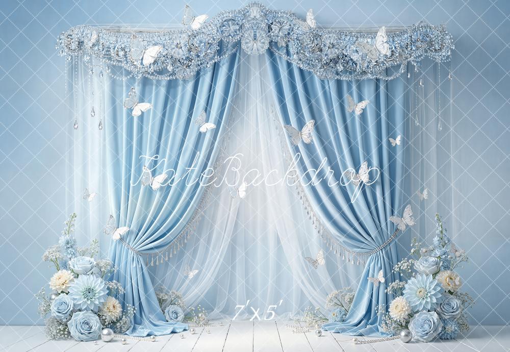 Kate Cake Smash Blue Drapes Butterflies Backdrop Designed by Emstselch