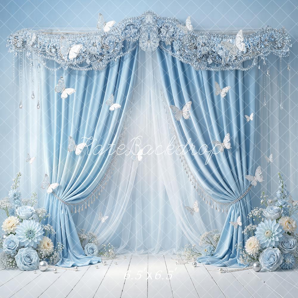 Kate Cake Smash Blue Drapes Butterflies Backdrop Designed by Emstselch - Image 2