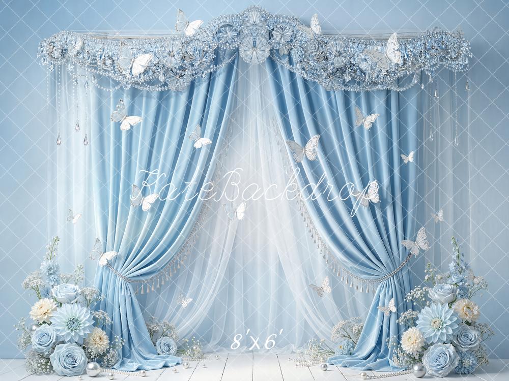 Kate Cake Smash Blue Drapes Butterflies Backdrop Designed by Emstselch - Image 3