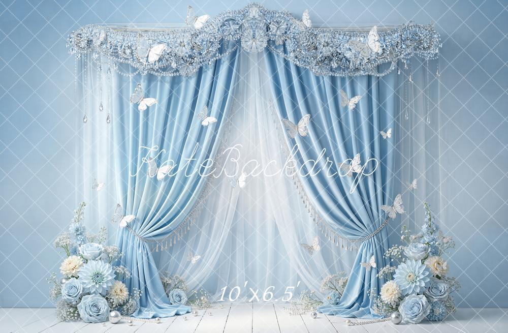 Kate Cake Smash Blue Drapes Butterflies Backdrop Designed by Emstselch - Image 4