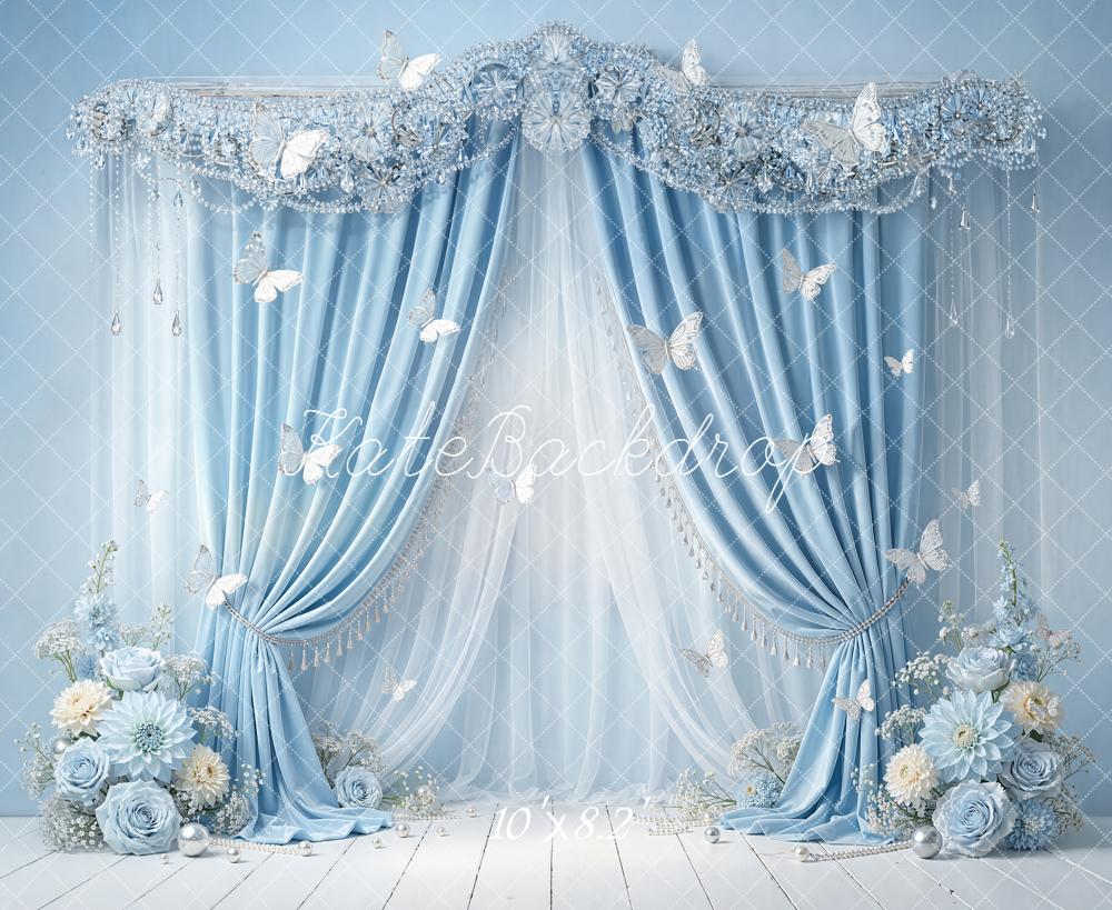 Kate Cake Smash Blue Drapes Butterflies Backdrop Designed by Emstselch - Image 6