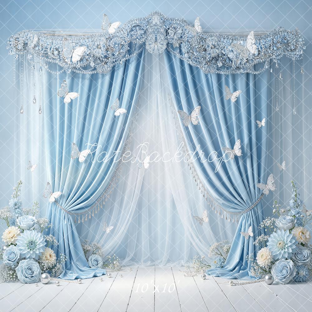 Kate Cake Smash Blue Drapes Butterflies Backdrop Designed by Emstselch - Image 7