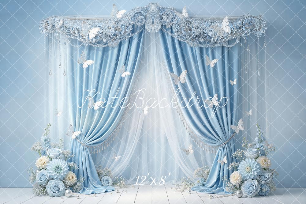 Kate Cake Smash Blue Drapes Butterflies Backdrop Designed by Emstselch - Image 8