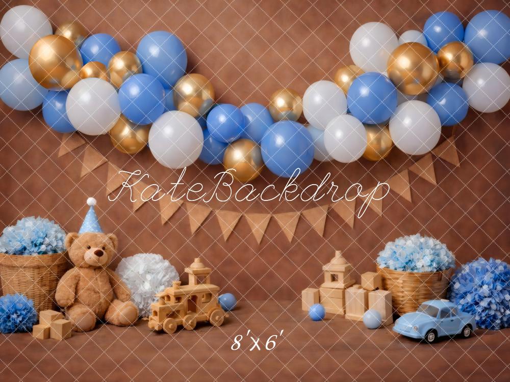 Kate Cake Smash Blue Gold Balloons Teddy Bear Backdrop Designed by Vertigo Productions - Image 3
