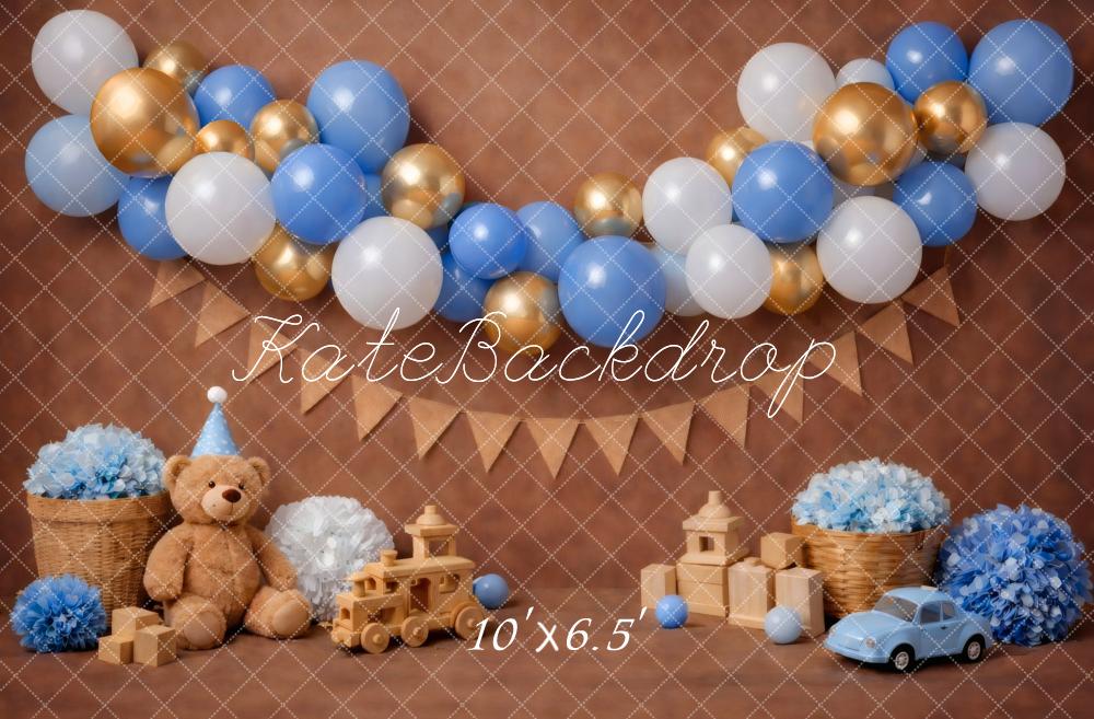 Kate Cake Smash Blue Gold Balloons Teddy Bear Backdrop Designed by Vertigo Productions - Image 4