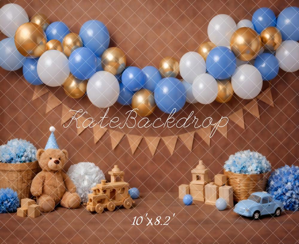 Kate Cake Smash Blue Gold Balloons Teddy Bear Backdrop Designed by Vertigo Productions - Image 6