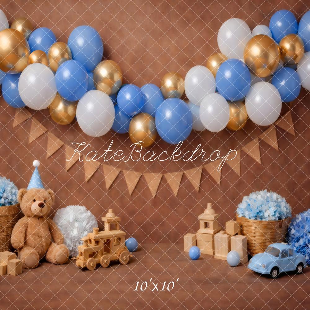 Kate Cake Smash Blue Gold Balloons Teddy Bear Backdrop Designed by Vertigo Productions - Image 7