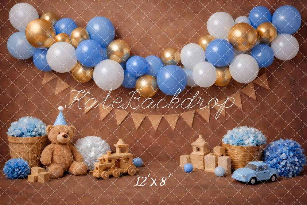 Kate Cake Smash Blue Gold Balloons Teddy Bear Backdrop Designed by Vertigo Productions - Image 8