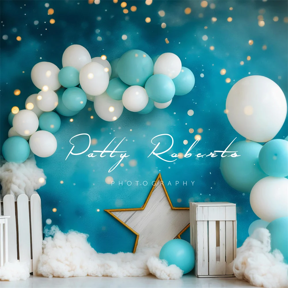 Kate Cake Smash Blue White Balloon Star Light Backdrop Designed by Patty Robert - Image 2