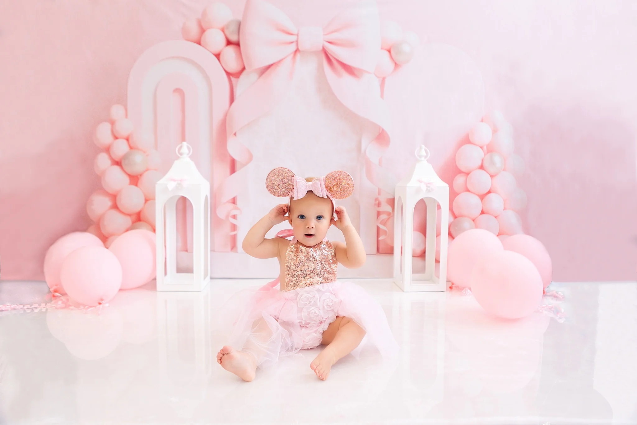 Kate Cake Smash Bow Pink Balloon Arch Backdrop Designed by Ashley Paul - Image 3
