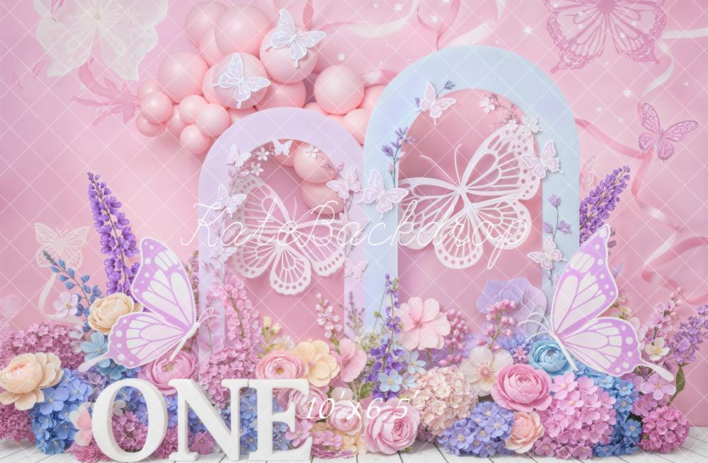 Kate Cake Smash Butterfly Arch Pink Fleece Backdrop Designed by Emstselch - Image 2