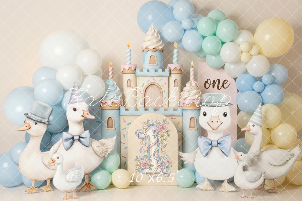 Kate Cake Smash Duck Castle Balloons Pastel Fleece Backdrop Designed by Emetselch - Image 2