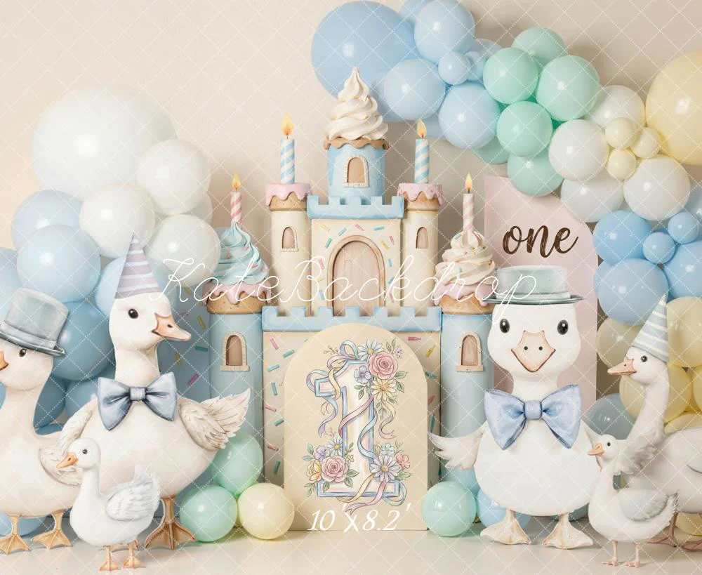 Kate Cake Smash Duck Castle Balloons Pastel Fleece Backdrop Designed by Emetselch - Image 3