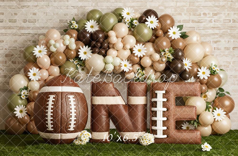 Kate Cake Smash Football Balloons Brick Wall Fleece Backdrop Designed by Emetselch - Image 2