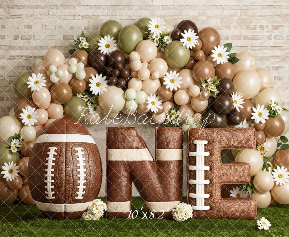 Kate Cake Smash Football Balloons Brick Wall Fleece Backdrop Designed by Emetselch - Image 3