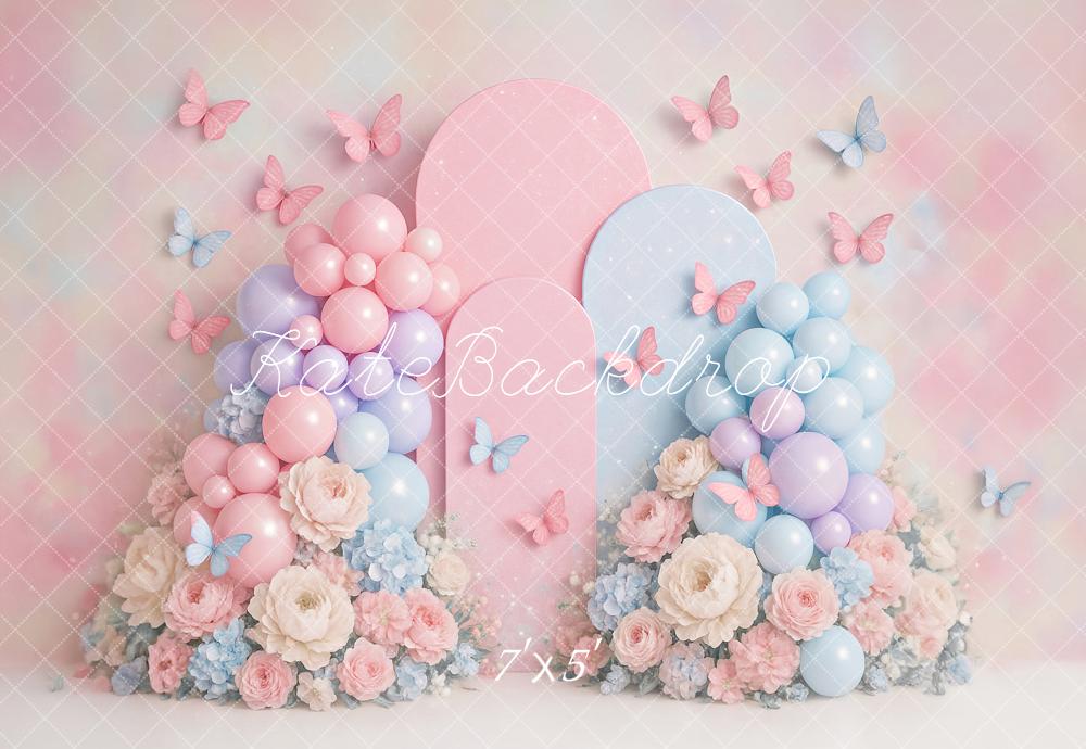 Kate Cake Smash Pastel Balloon Floral Butterfly Backdrop Designed by Ashley Paul - Image 2