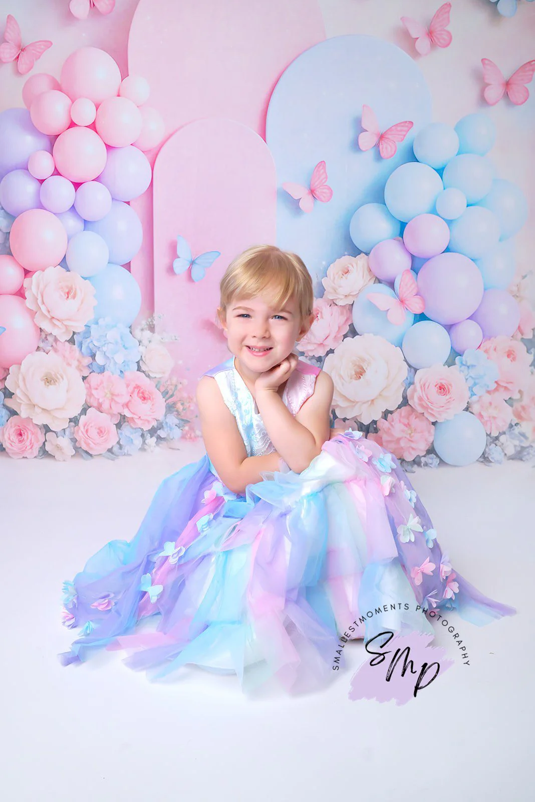 Kate Cake Smash Pastel Balloon Floral Butterfly Backdrop Designed by Ashley Paul - Image 3