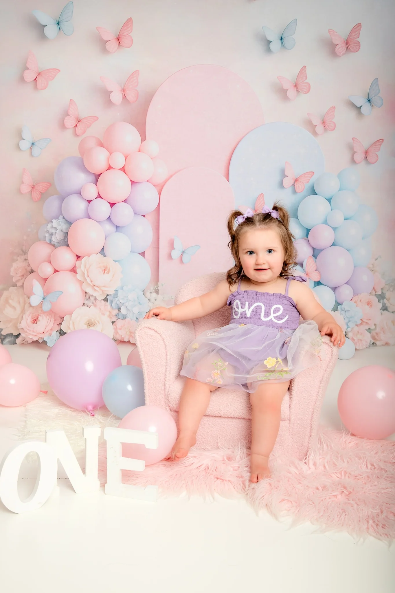 Kate Cake Smash Pastel Balloon Floral Butterfly Backdrop Designed by Ashley Paul - Image 4