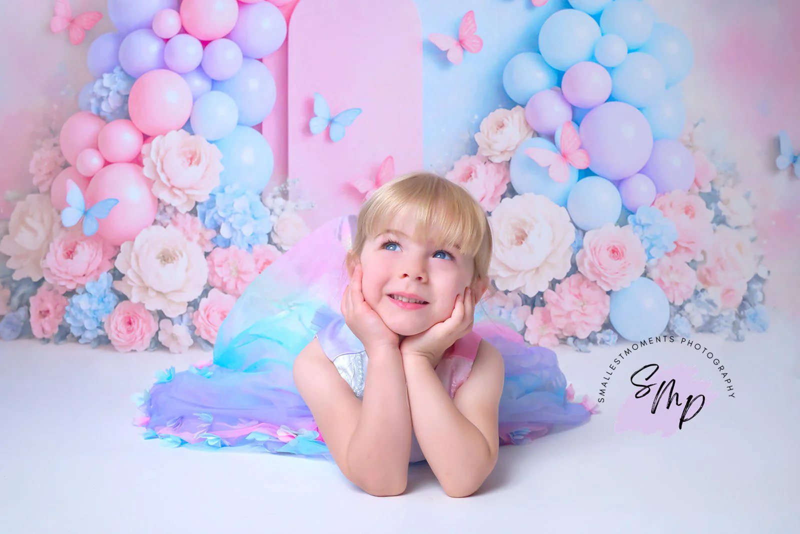 Kate Cake Smash Pastel Balloon Floral Butterfly Backdrop Designed by Ashley Paul - Image 5